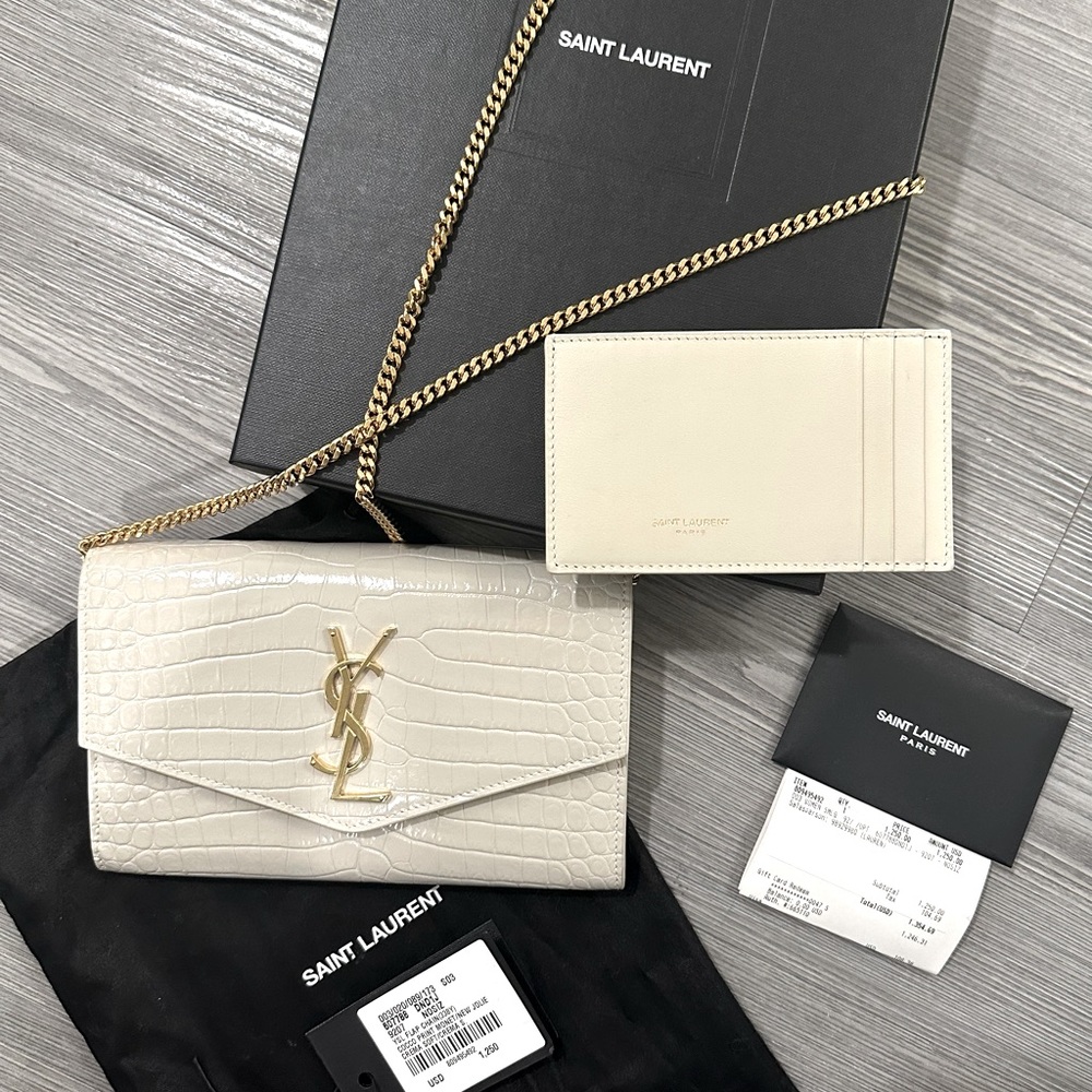 ❌SOLD❌ Authentic Saint Laurent Uptown Chain Wallet in Crocodile - Shiny Leather